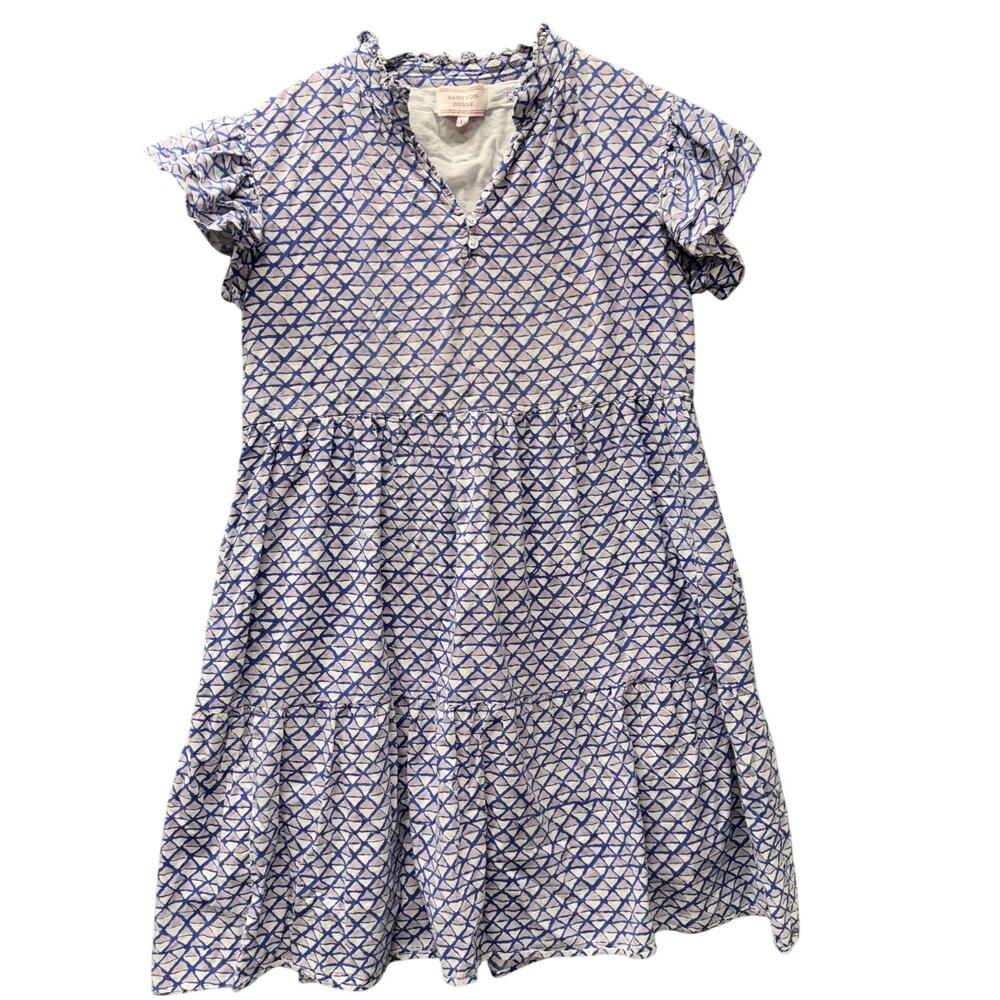 Hampton House Dress Womens Large Coastal Boho Cottage Cotton Blue Geometric